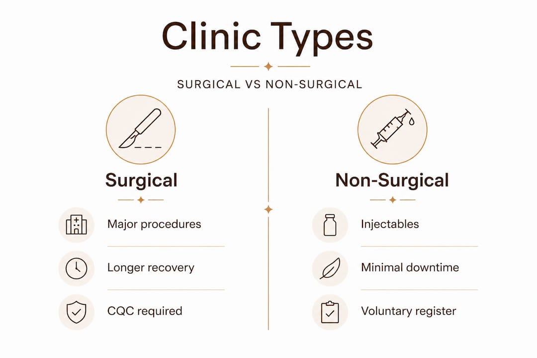 Infographic comparing surgical and non-surgical clinics, highlighting key differences in procedures, recovery times, and regulatory requirements, relevant to aesthetic medicine and patient safety.