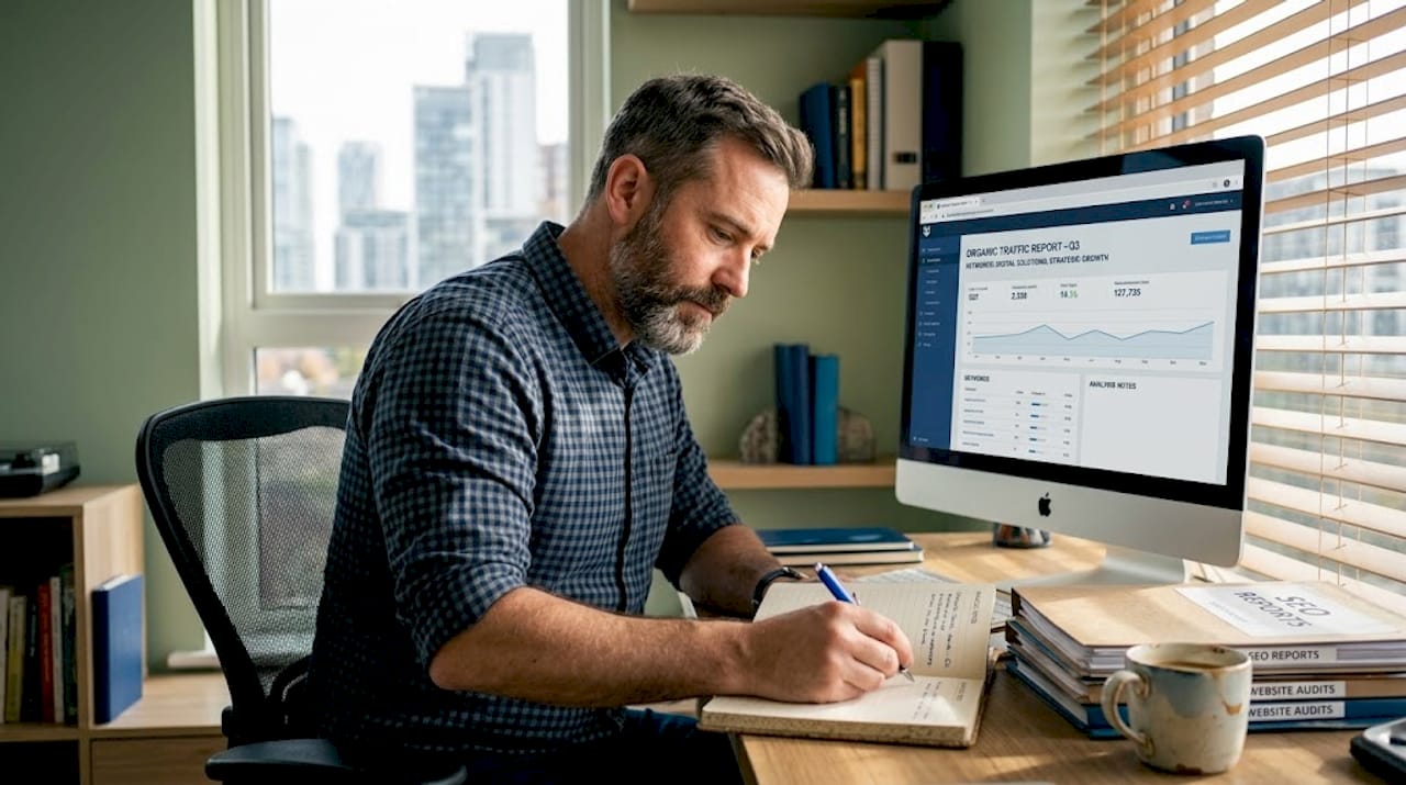 Consultant analyzing SEO website ranking report