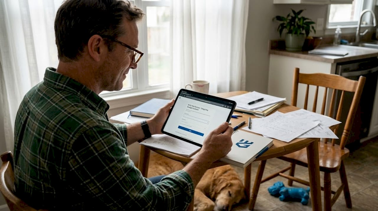 Person verifying business profile at kitchen table