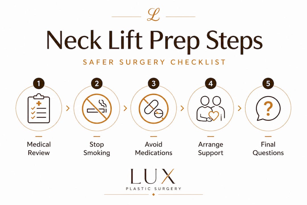 Neck lift preparation infographic detailing five essential steps: medical review, stop smoking, avoid medications, arrange support, and final questions, branded by Lux Plastic Surgery.