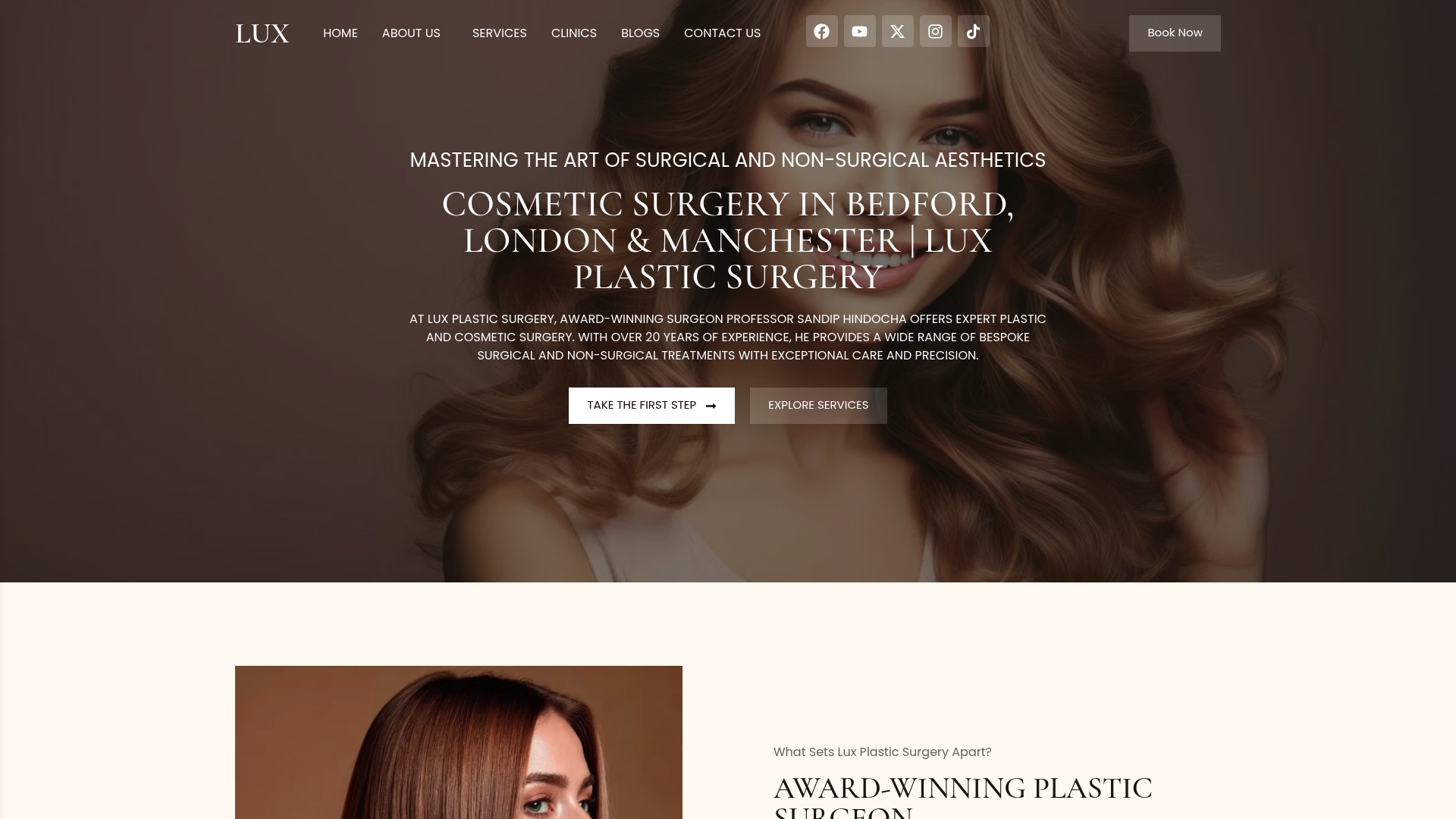 Lux Plastic Surgery website banner featuring a smiling woman with long, wavy hair, promoting bespoke surgical and non-surgical aesthetic treatments in Bedford, London, and Manchester.