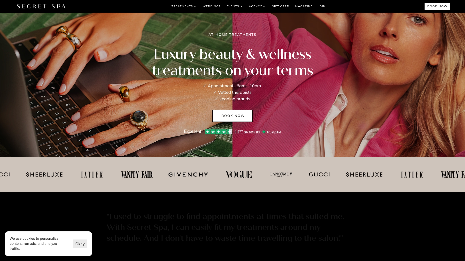 Luxury beauty and wellness treatments at home, featuring hands on a laptop keyboard with rings, emphasizing convenience and professional standards from Secret Spa.