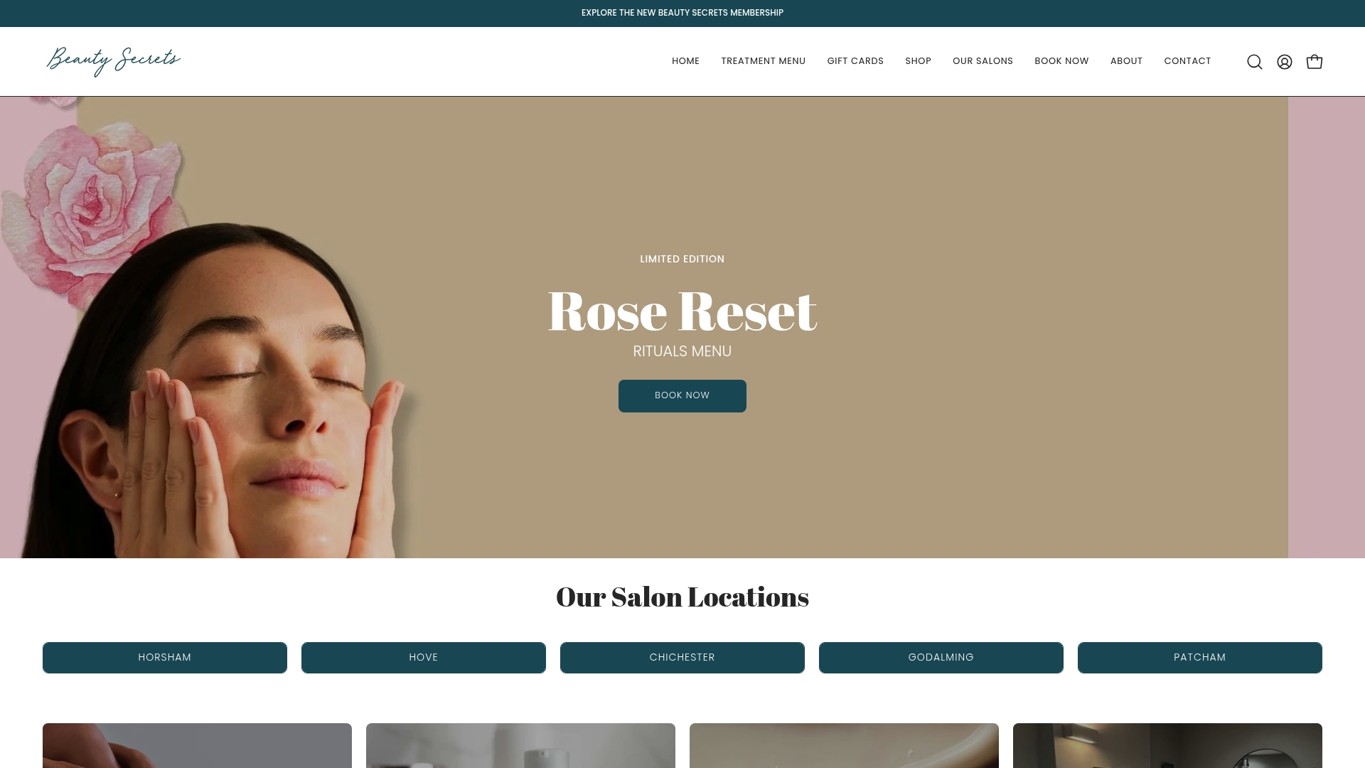 Woman enjoying a facial treatment with hands on her face, surrounded by soft pink floral elements, promoting Beauty Secrets Spa's bespoke beauty services and Rose Reset rituals.