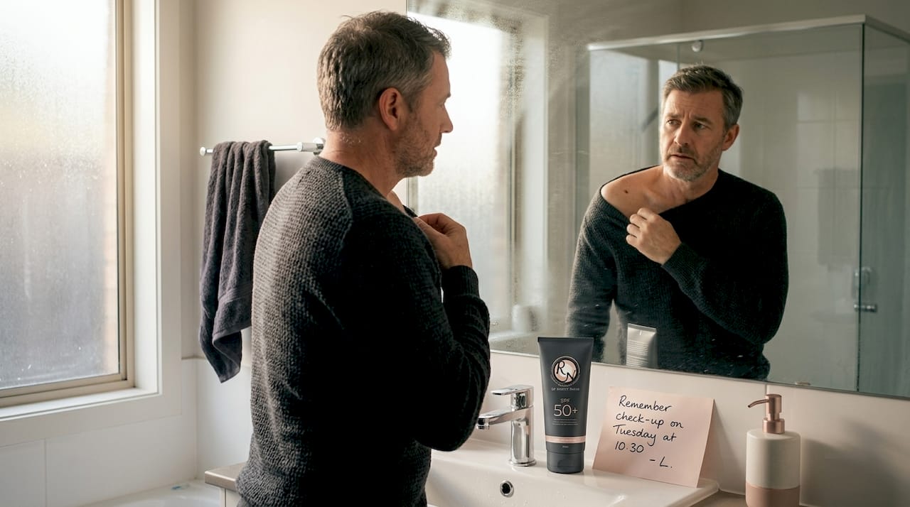 Man checking skin mole in home bathroom