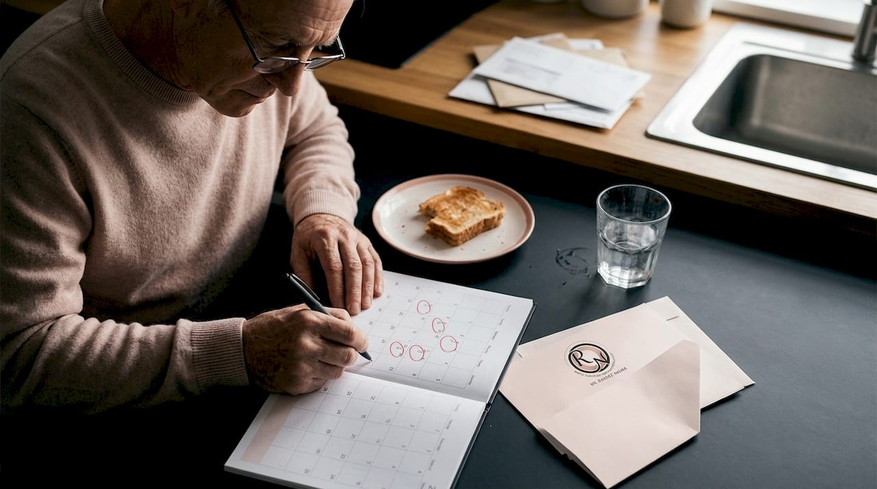 Older man checking medical follow-up calendar