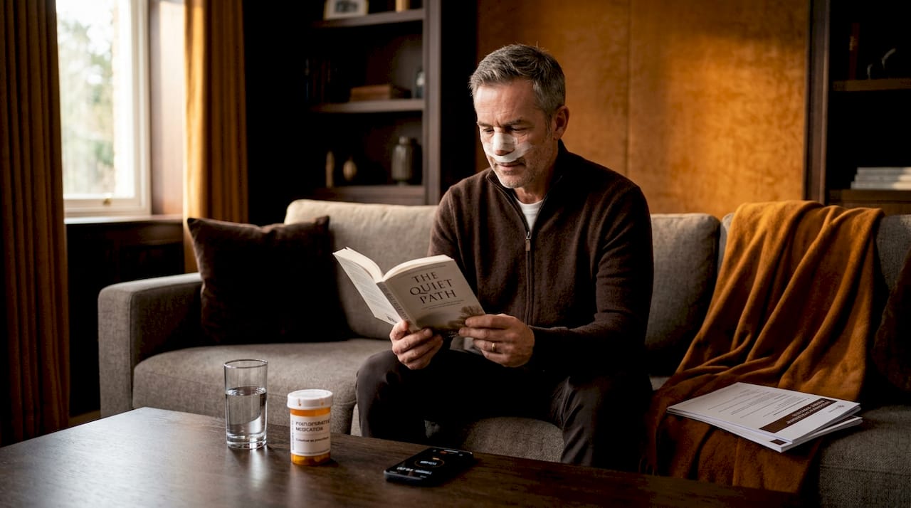 Man recovering after facial surgery, reading "The Quiet Path," wearing a bandage on his nose, with a glass of water and prescription medication on a coffee table, in a cozy living room setting.