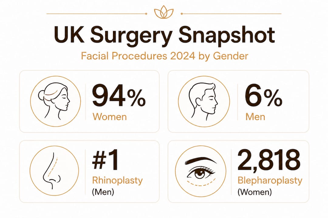 UK facial plastic surgery statistics for 2024, highlighting 94% of procedures performed on women, 6% on men, with rhinoplasty as the most popular procedure among men and 2,818 blepharoplasties for women.