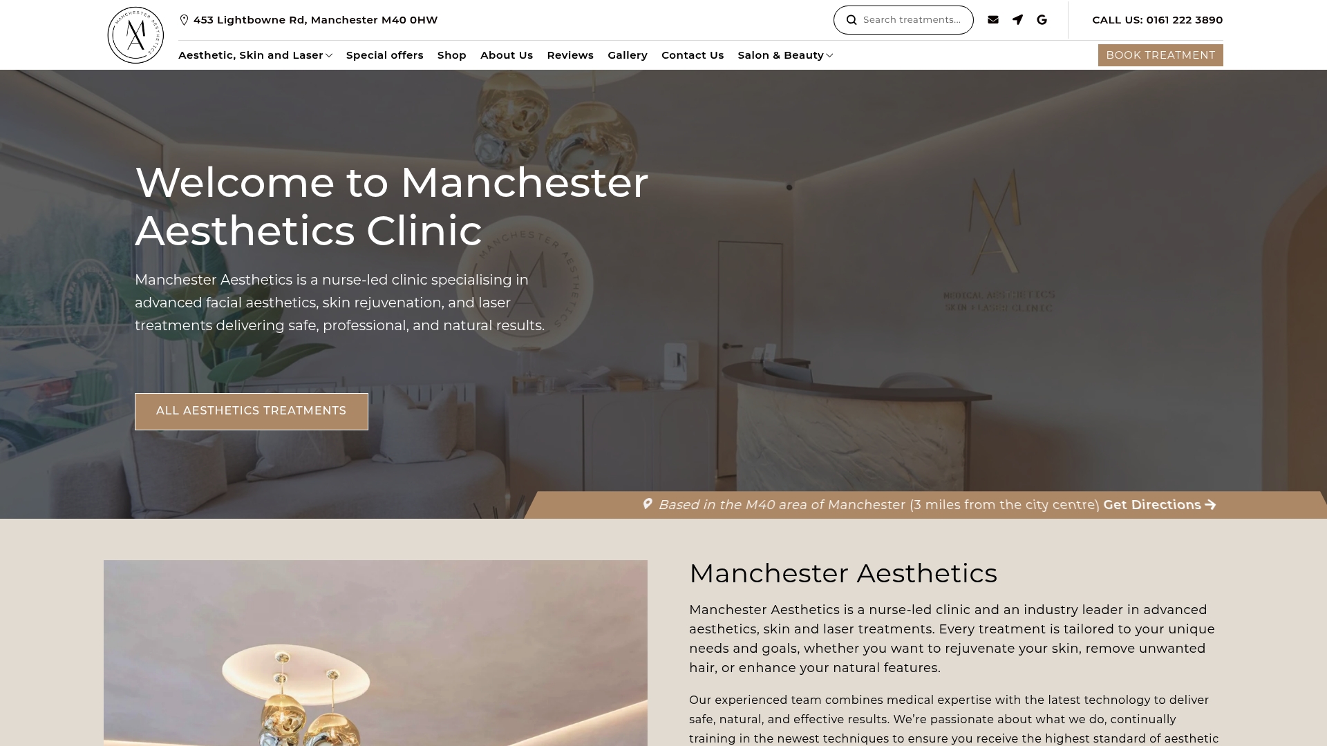Interior of Manchester Aesthetics Clinic showcasing modern design elements, elegant lighting fixtures, and a welcoming reception area emphasizing professional aesthetics and skin treatments.