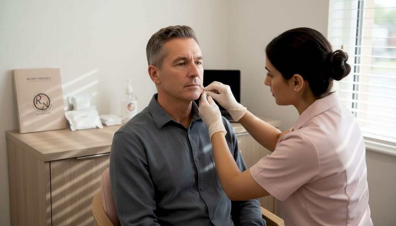 Nurse checks facial flap post-surgery healing