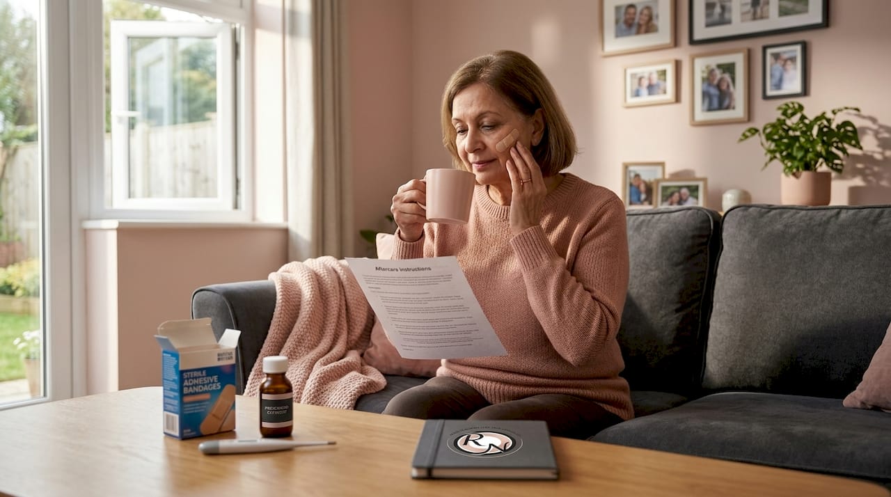 Person reading surgery aftercare instructions at home