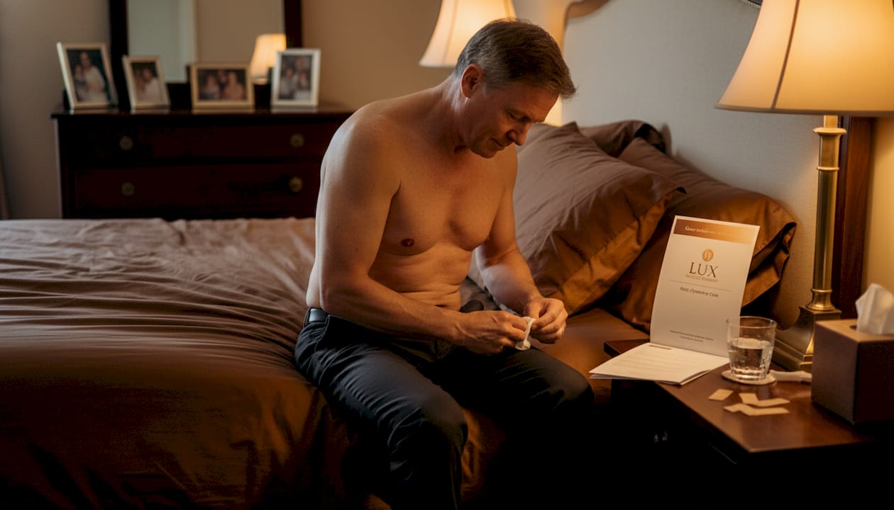 Man in casual attire sitting on a bed, applying a bandage after plastic surgery, with a Lux Plastic Surgery post-operative care guide on the bedside table, emphasizing patient aftercare and recovery.