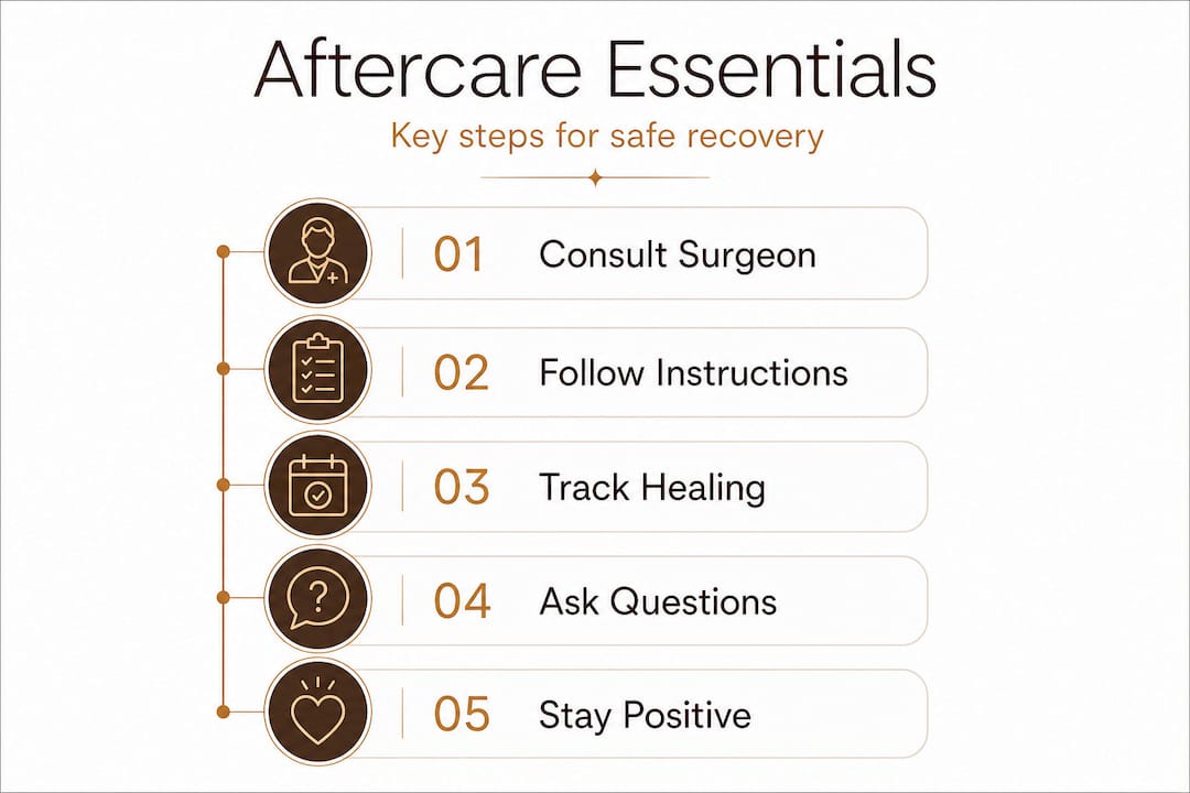 Infographic illustrating key aftercare steps for safe recovery after plastic surgery: consult surgeon, follow instructions, track healing, ask questions, and stay positive.
