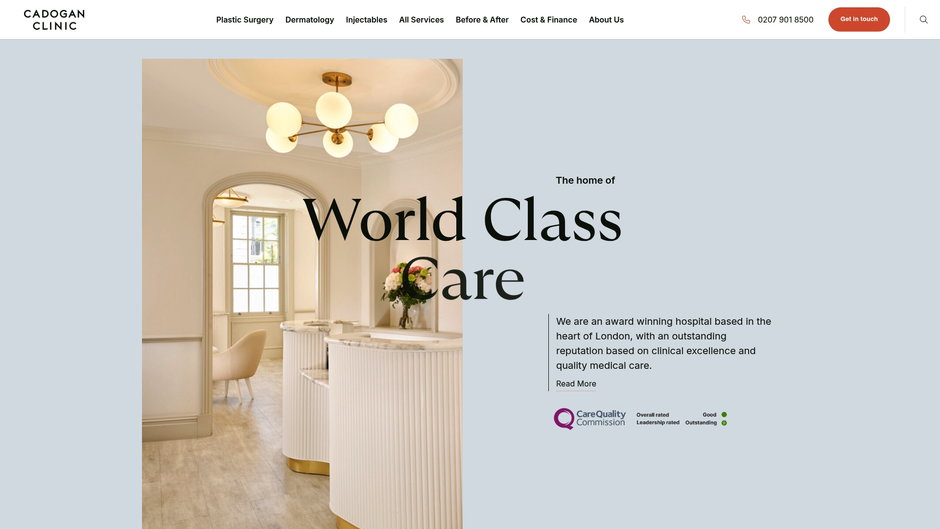 Lux Plastic Surgery's Cadogan Clinic interior showcasing elegant reception area with modern decor, emphasizing world-class patient care and aesthetic appeal.