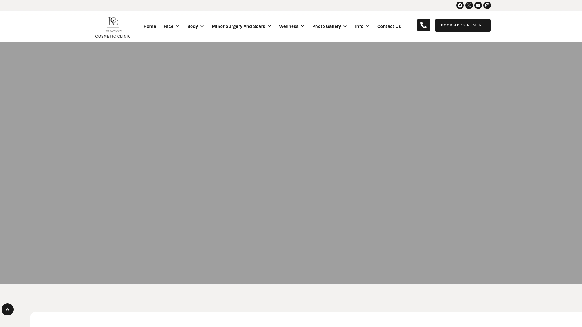 The London Cosmetic Clinic logo and website interface showcasing aesthetic treatment options, emphasizing a high-end, patient-focused experience.