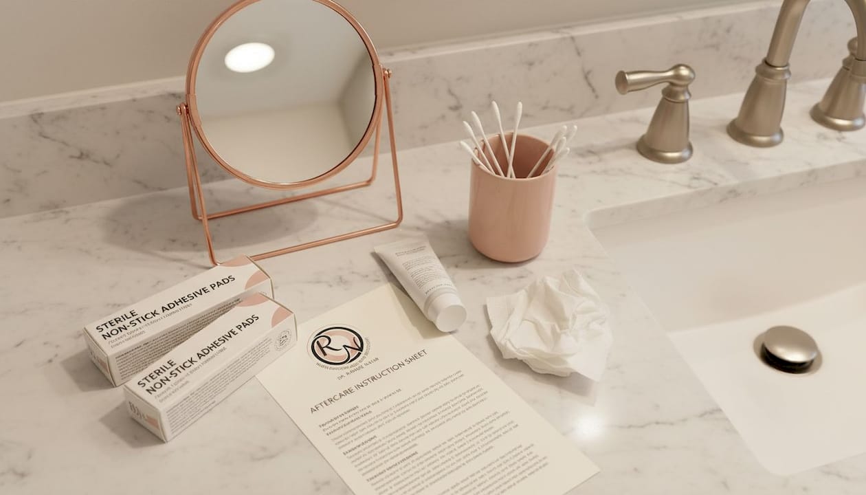 Bathroom counter with facial wound care supplies