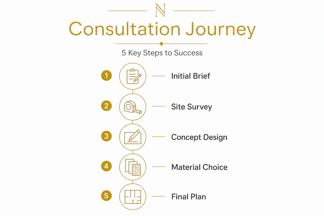 Vertical infographic outlining bespoke design process steps