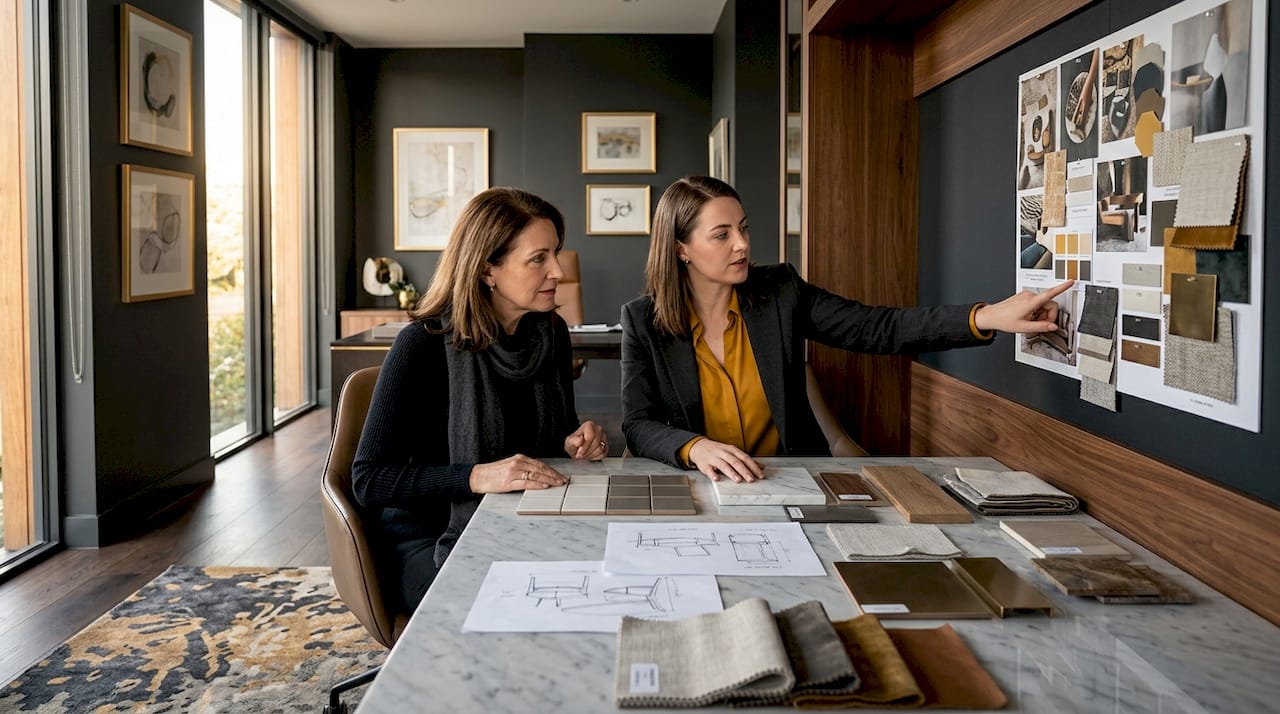 Designer and client consulting in lived-in living room