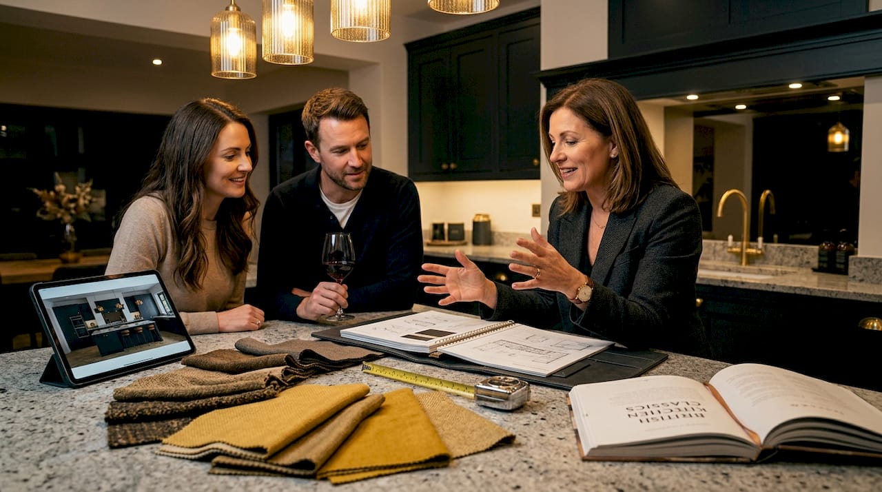 Designer consults with clients in luxury kitchen