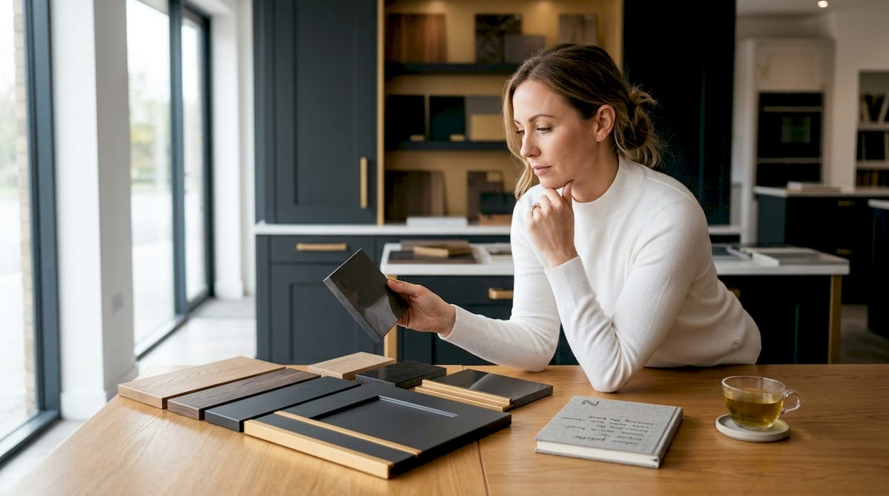 Woman reviewing kitchen finish material samples