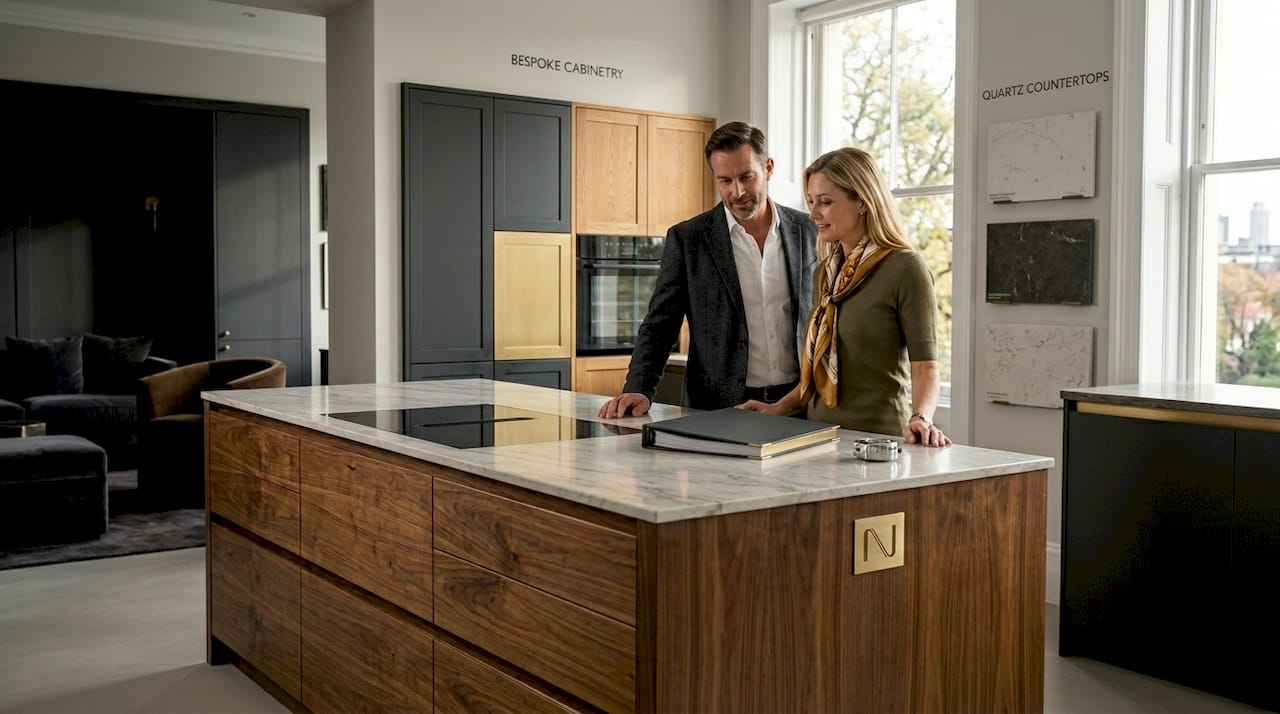 Couple viewing high-end kitchen showroom display