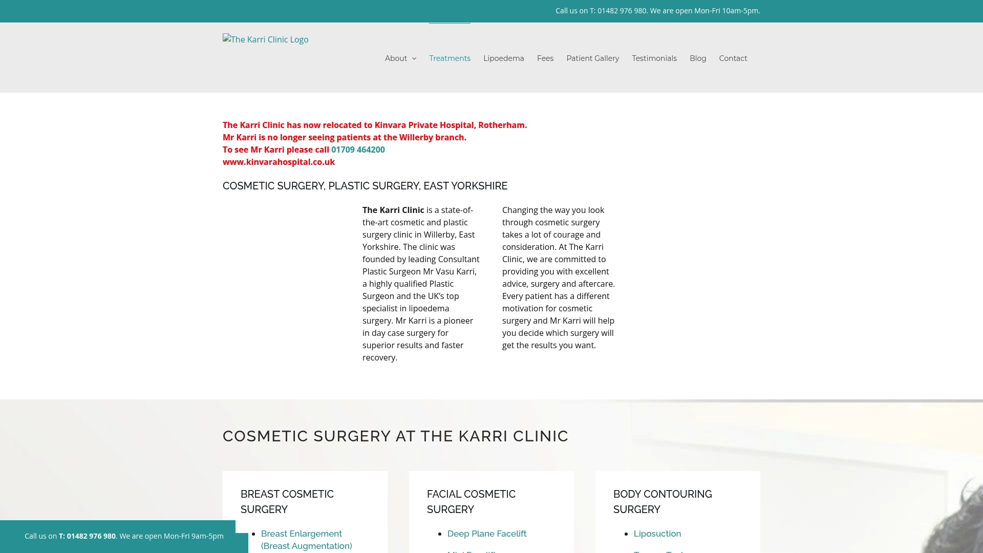 The Karri Clinic logo displayed prominently on a modern clinic website, emphasizing personalized cosmetic surgery services led by Mr. Vasu Karri, specializing in lipoedema surgery and patient care.