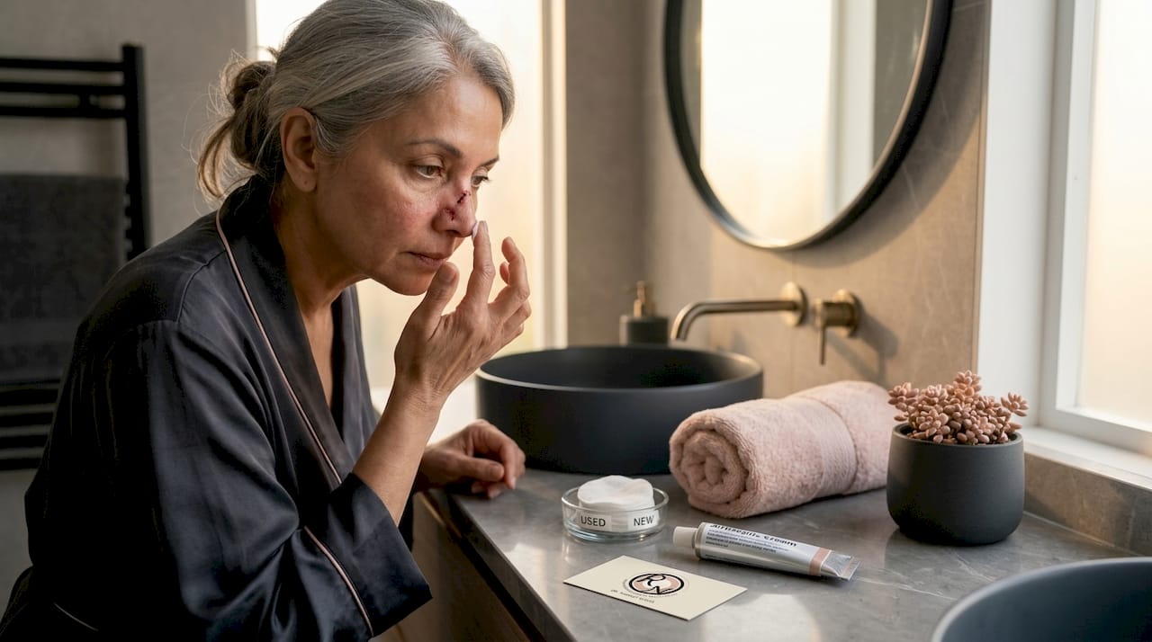 Woman caring for her nose after Mohs surgery