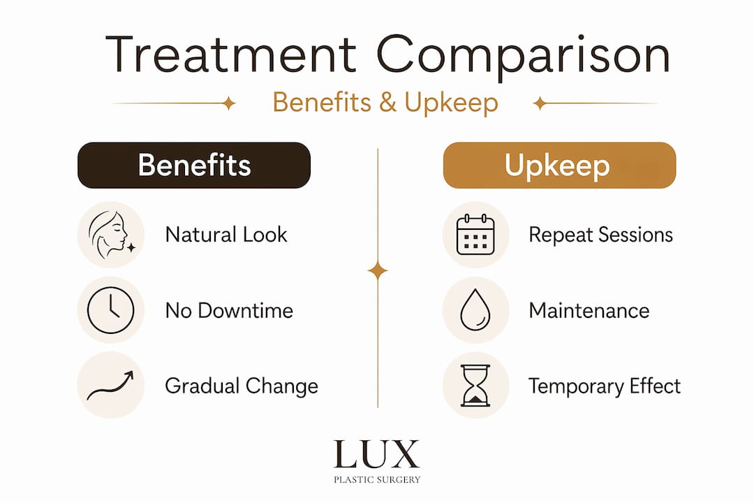 Infographic comparing treatment benefits and upkeep