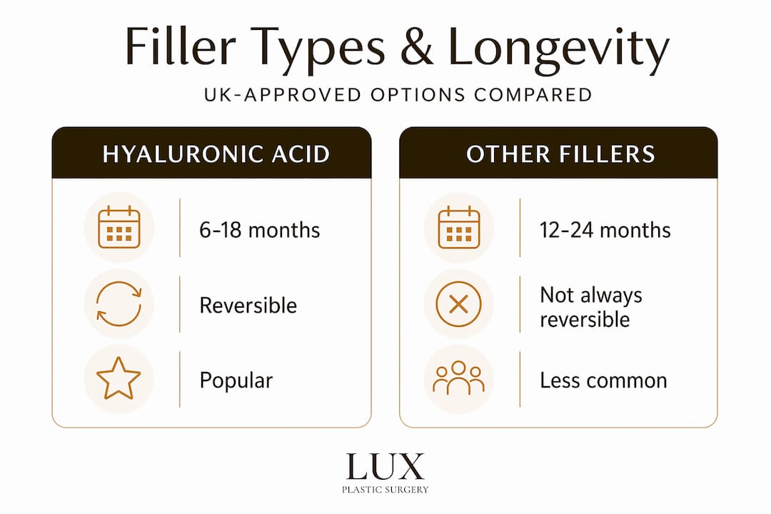 Infographic comparing dermal filler types and longevity
