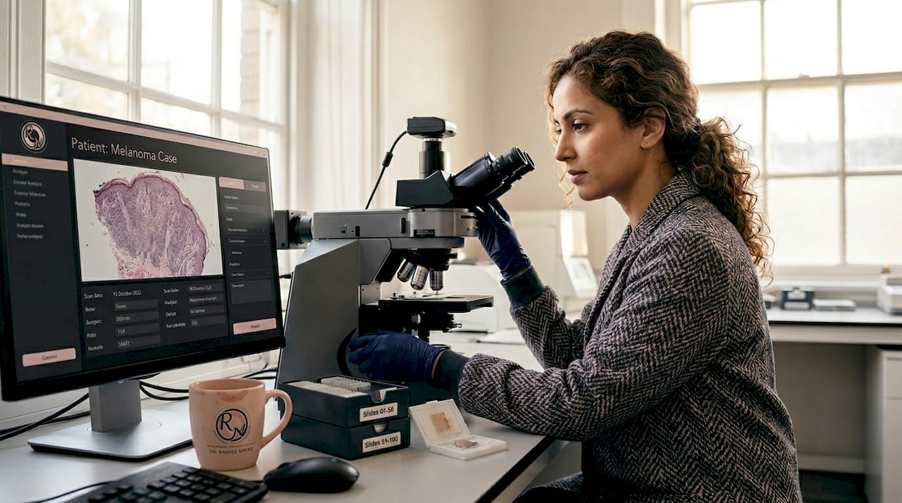 Technician uses confocal microscope in hospital lab