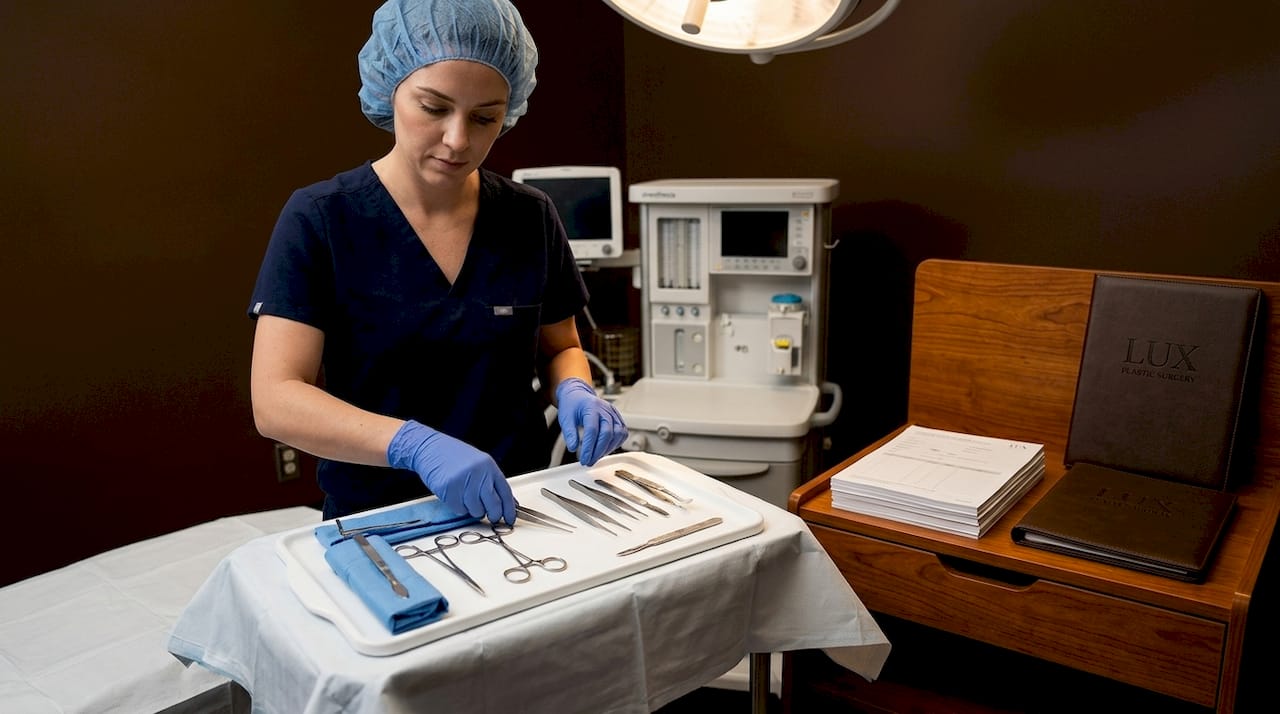 Surgical nurse prepping instruments in operating room