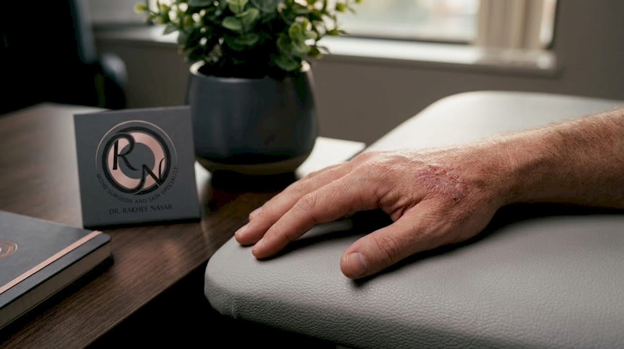 Close-up of scaly skin lesion on hand
