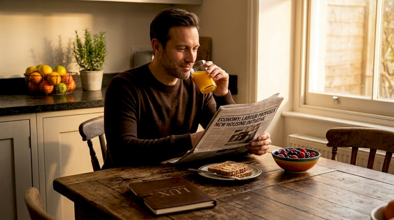 Man having healthy breakfast in bright kitchen