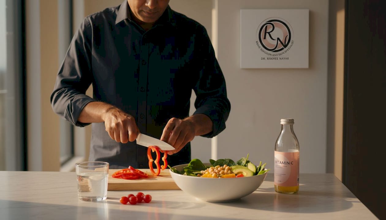 Man preparing healthy salad for skin healing