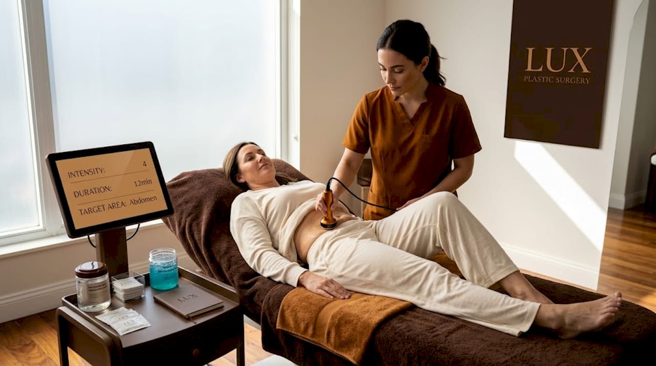 Technician performing radiofrequency body sculpting treatment