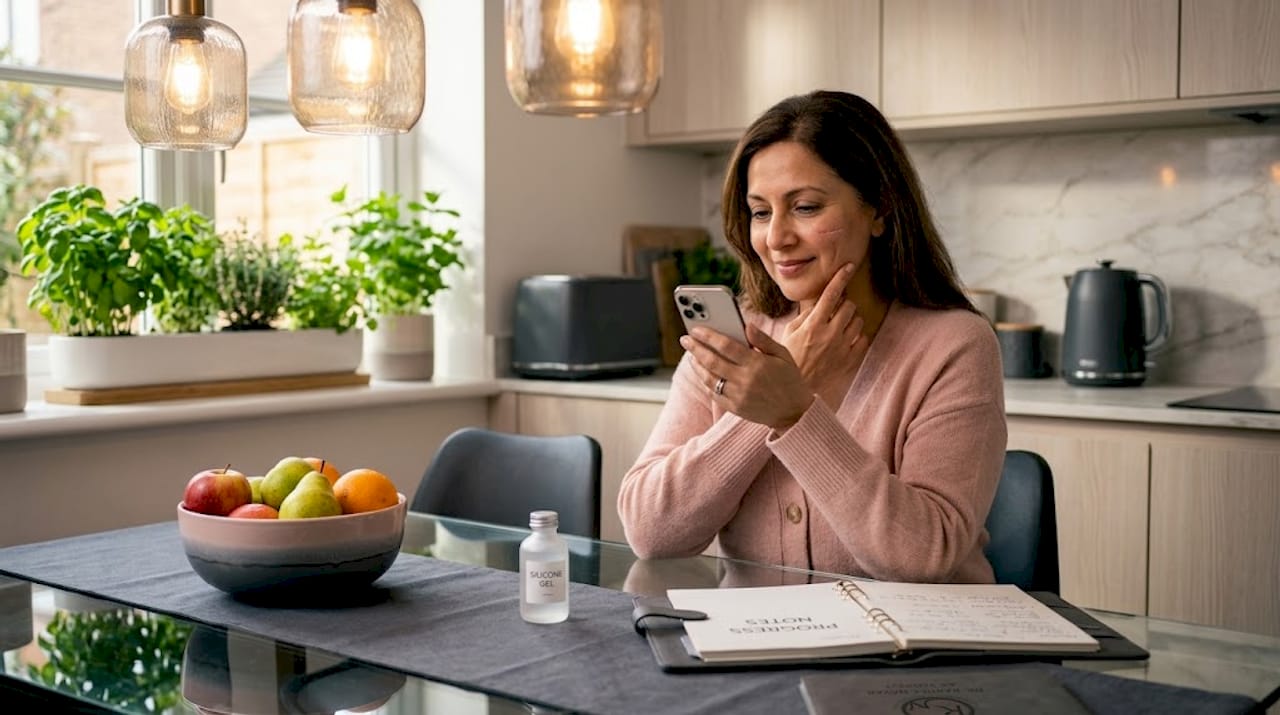 Patient documenting scar healing with phone