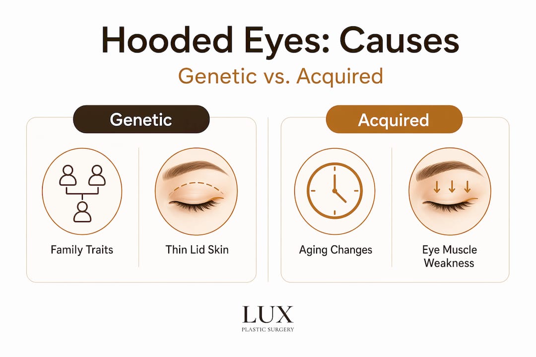 Infographic comparing genetic and acquired causes of hooded eyes