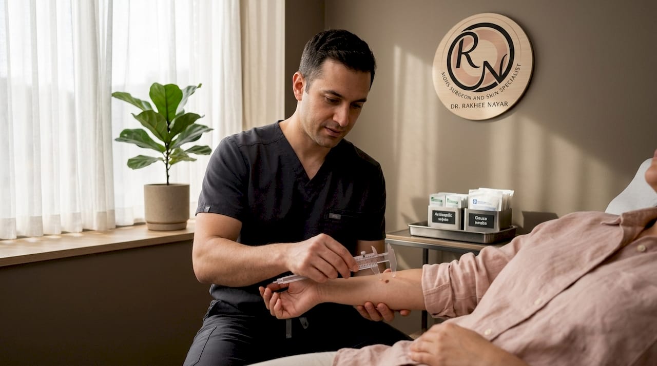 Nurse measuring skin lesion in clinic
