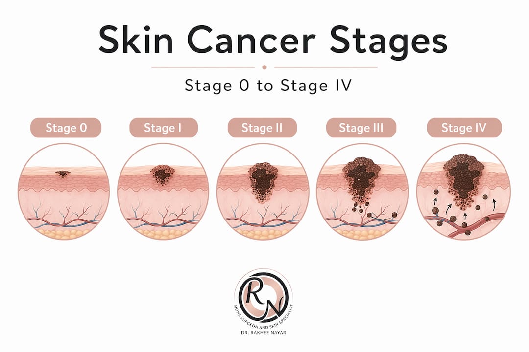 Infographic showing skin cancer stages from 0 to IV