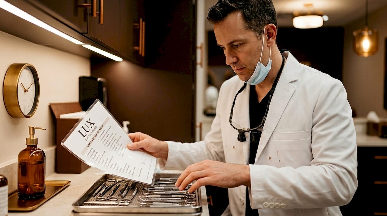 Eye surgeon reviewing surgical instruments