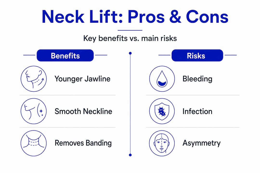Infographic comparing neck lift benefits versus risks