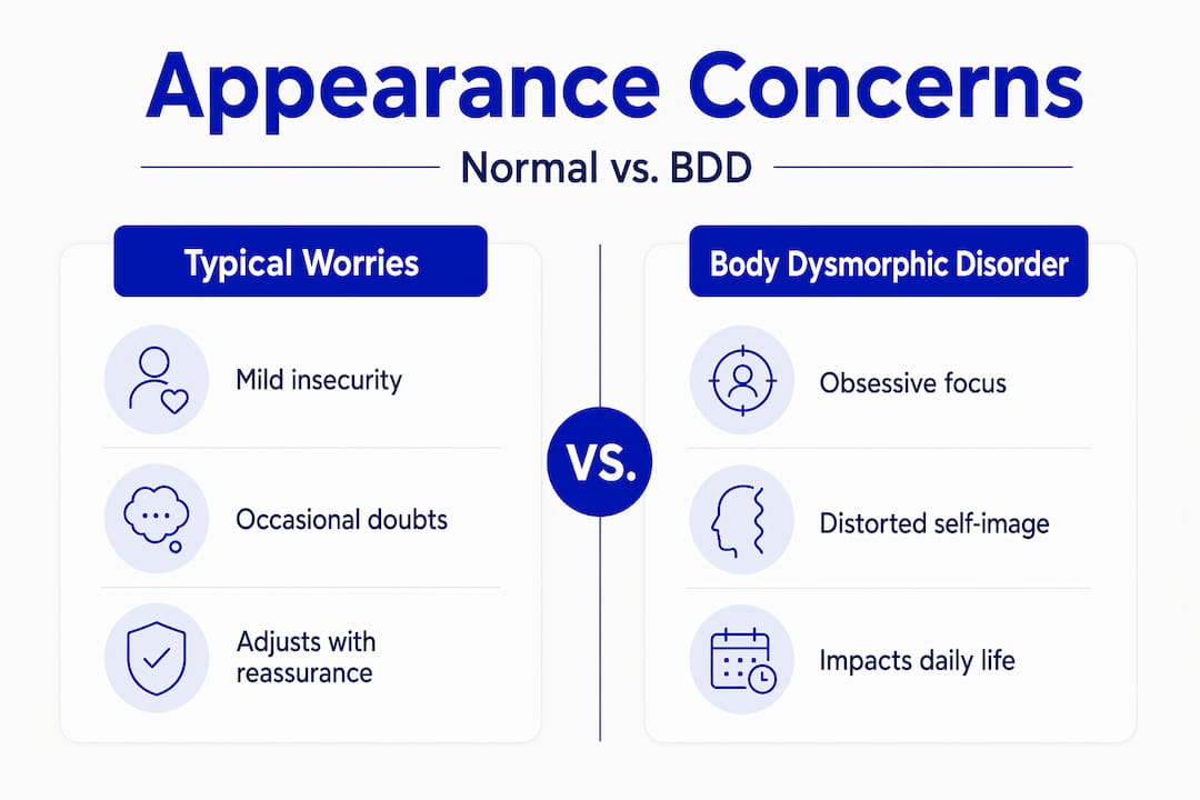 Infographic contrasting typical appearance worries and BDD