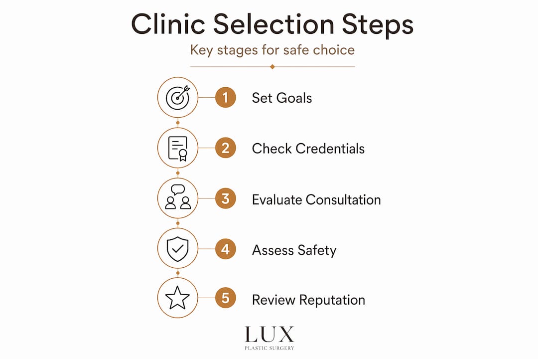 Infographic with steps to choose an aesthetic clinic