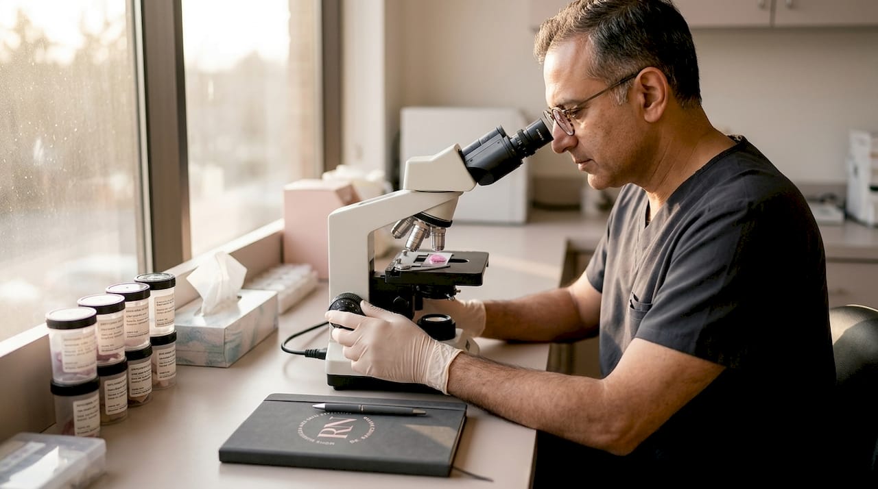 Mohs surgeon examining slides under microscope