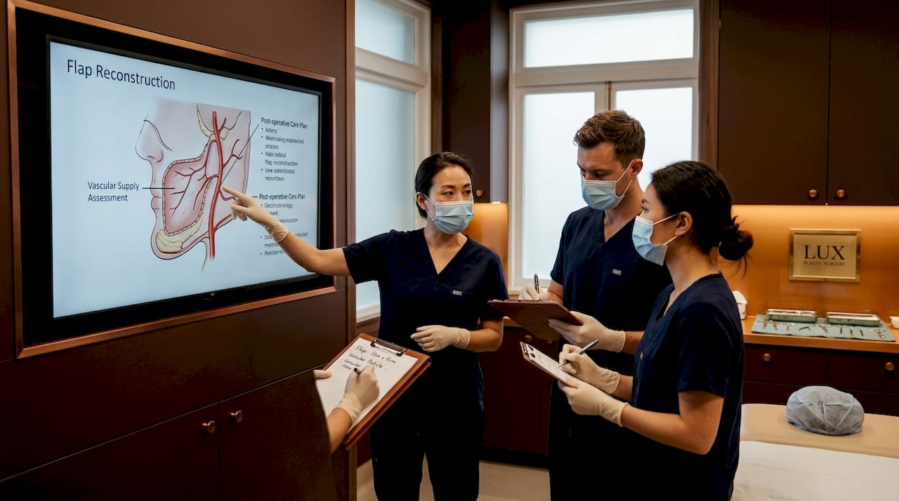 Surgical team discusses flap reconstruction diagram