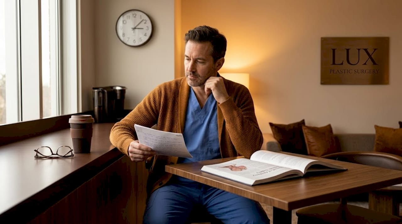 Surgeon reflecting with notes in break room