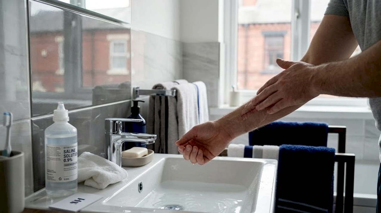 Hands gently cleaning surgical wound at sink