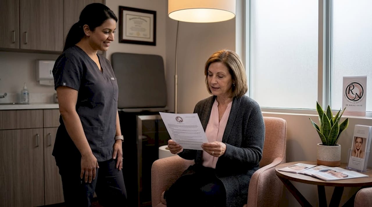 Patient reviewing skin cancer aftercare guide