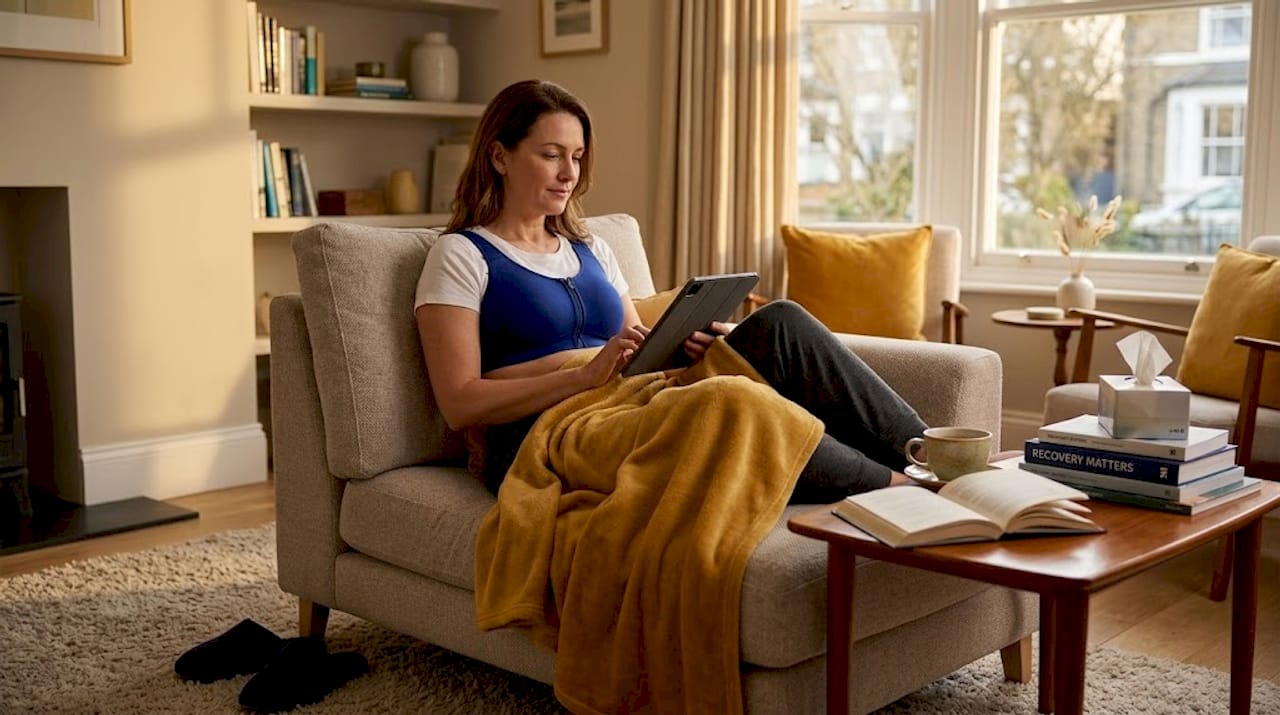 Woman recovering in lounge wearing support bra