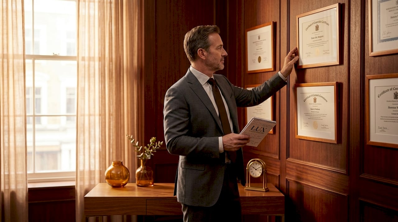 Surgeon adjusting certificates on office wall