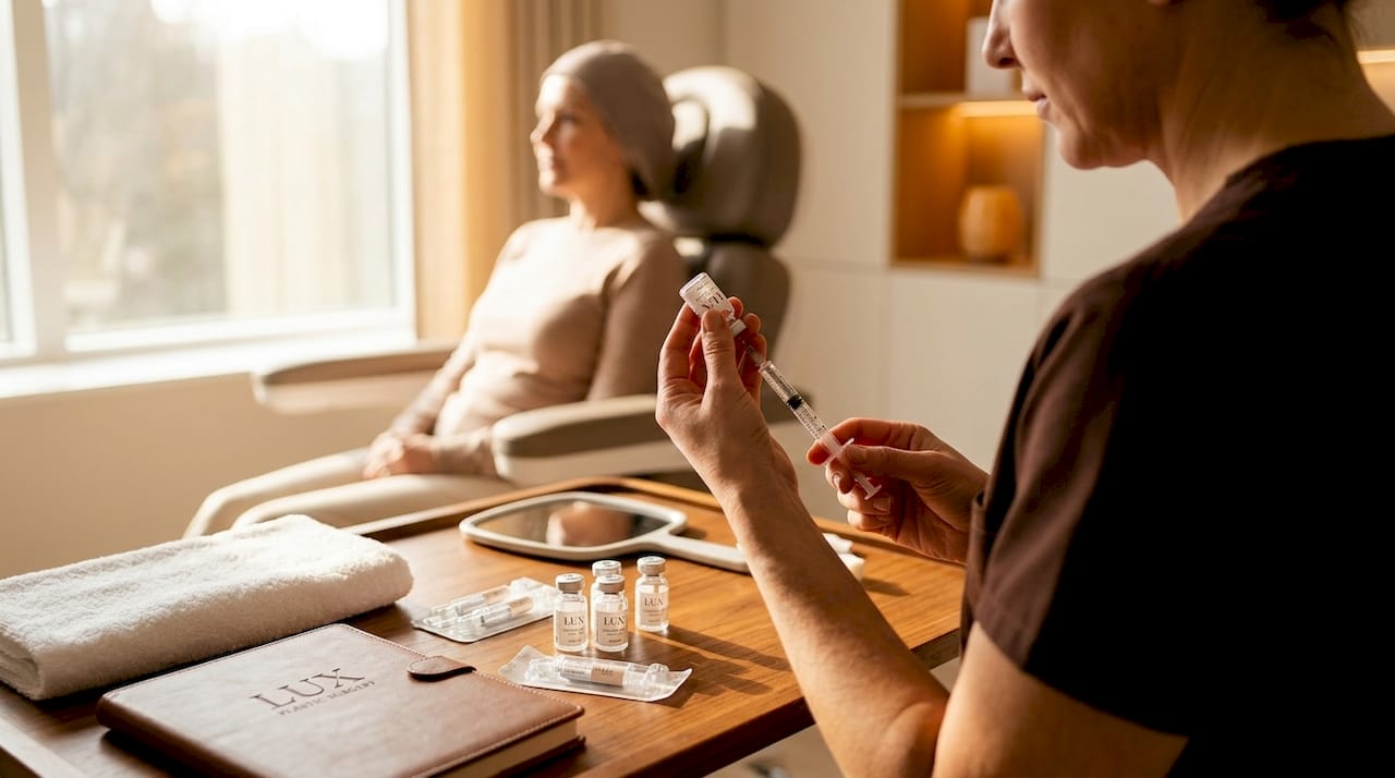 Nurse preparing dermal filler syringe in clinic